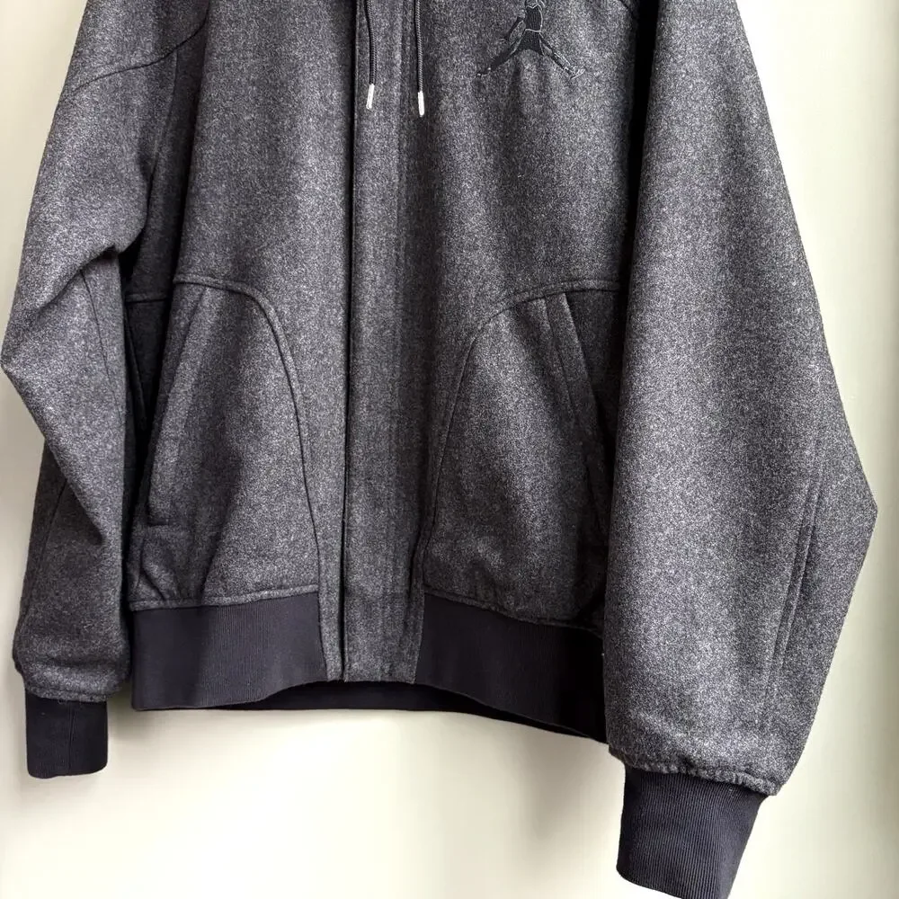 Nike Jordan Jumpman Wool‎ Blend Hooded Varsity Jacket Bomber Snap Black Gray M